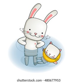 rabbit and kitty having fun together playing with toys at baby swimming lesson