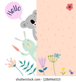 A Rabbit and a Koala out of the Back of the Wall. Hand Drawn Style vector Doodle Design Illustrations.
