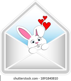 Rabbit in konyerte. Valentine's Day envelope. Gift in an envelope. Hare in an envelope. Red hearts.