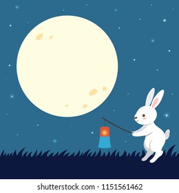 Rabbit with Korean traditional lantern on full moon night background