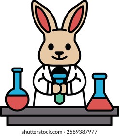 A rabbit in a lab coat holding a test tube. The rabbit is smiling and he is enjoying his work