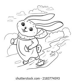 The rabbit launches paper boats down the stream. Bunny. The arrival of spring. Coloring book for children. Vector illustration isolated on white background.