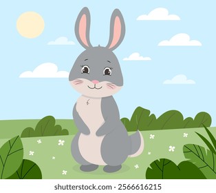 Rabbit at lawn. Cute wild animal sitting outdoors. Forest dweller in sunny spring or summer day. Pet on nature. Cheerful grey hare. Fauna and wildlife. Flat vector illustration