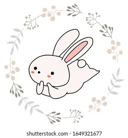 A rabbit with leaf frame. Isolate hand drawn on white background.
