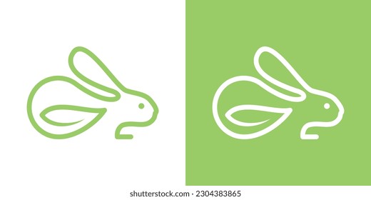 rabbit and leaf logo design with line style icon vector illustration