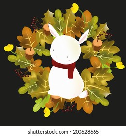 Rabbit with leafs Wreath on Black background 