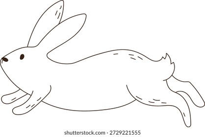 Conejo saltando hacia adelante con oreja larga, contorno simple y mínimo detalle. Símbolo de velocidad, agilidad y energía de primavera para saludos de vacaciones y temas de entrega rápida. Ilustración vectorial de dibujos animados.