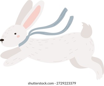 Rabbit leaping forward with long ears, scarf flowing, soft textured body and rosy cheek. Symbol of speed, freedom, agility, and springtime energy. Cartoon vector illustration.