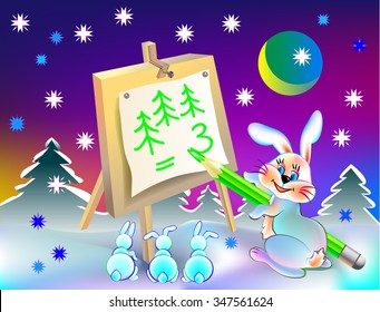 Rabbit learning count numbers, vector cartoon image.