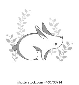 Rabbit in Leaves. Animal and Floral Monochrome Vector Illustration. Can be used for Special occasions, for Greeting/Post cards, like a Banner print. 