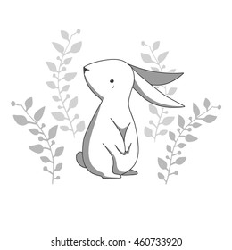 Rabbit in Leaves. Animal and Floral Monochrome Vector Illustration. Can be used for Special occasions, for Greeting/Post cards, like a Banner print. 