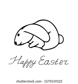 rabbit and lettering happy easter hand drawn doodle in simple scandinavian style.