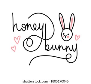 Rabbit lettering. "Honey bunny". Vector hand drawn doodle calligraphy.