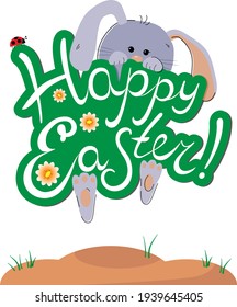 Rabbit and letters Happy Easter isolated on white background