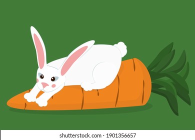 a rabbit lies on a huge carrot, a funny illustration for a happy Easter and for the year of the rabbit on the Chinese calendar