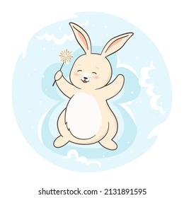 Rabbit lies in snow making angel, top view card. Bunny childish character mascot symbol xmas new year. Hello winter relaxing hare. Christmas poster invitation, congratulation, wrapping, vector fabric