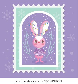 rabbit with lights tangled in the ears branch snow merry christmas stamp vector illustration