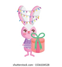 rabbit with lights tangled in the ears gift box merry christmas vector illustration