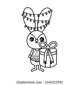 rabbit with lights tangled in the ears gift box merry christmas vector illustration thick line