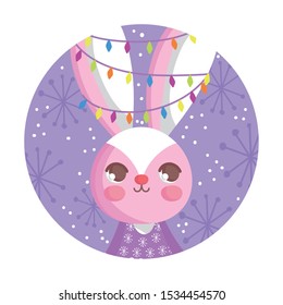 rabbit with lights tangled in the ears snow merry christmas vector illustration