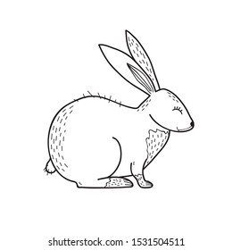 Rabbit line drawing. Vector black and white illustration. Freehand drawing