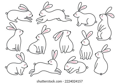 Rabbit line vector collection. Outline bunny set