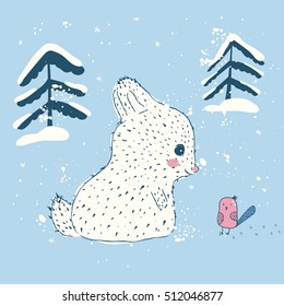 Rabbit and a little bird in the forest. Cute rabbit in the winter. Children's illustration rabbit winter. Rabbit in the snow. Christmas rabbit. Wild cute rabbit. White Rabbit. Rabbit character