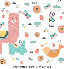 Rabbit llama and bird cartoon design vector illustration