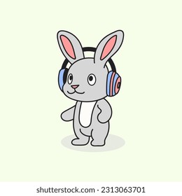 Rabbit logo,.Rabbit Using headphone icon. Flat cute and funny Rabbit cartoon for kids education and children and shirt design