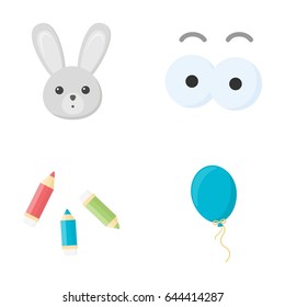 Rabbit with long ears, colored pencils for drawing, blue air balloon, eye toys with eyebrows. Toys set collection icons in cartoon style vector symbol stock illustration web.