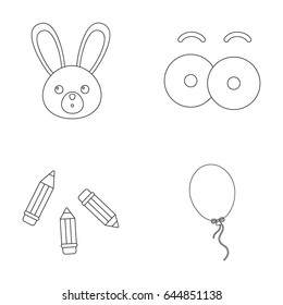 Rabbit with long ears, colored pencils for drawing, blue air balloon, eye toys with eyebrows. Toys set collection icons in outline style vector symbol stock illustration web.