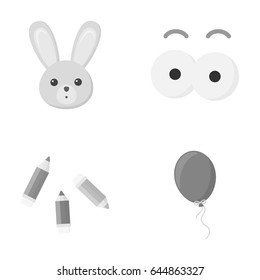 Rabbit with long ears, colored pencils for drawing, blue air balloon, eye toys with eyebrows. Toys set collection icons in monochrome style vector symbol stock illustration web.