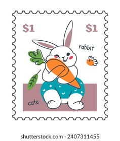Rabbit with long ears sitting on field with carrot. Postcard or postmark with cute woodland animal character with vegetable. Vector in flat style, postal card or sticker with price, mailing service