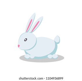 Rabbit with long pink ears in flat style design vector illustration of cartoon fluffy hair, bunny soft toy isolated on white background, forest animal