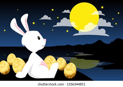 Rabbit looking at the moon In the night sky and stars.vector