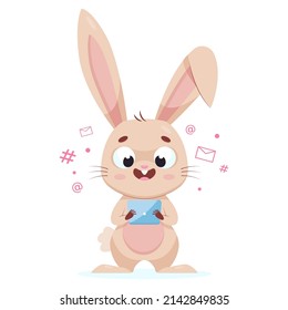 Rabbit looking at phone screen cartoon vector illustration. Happy rodent chatting with friends, using internet and social media. Wildlife animal, friendship, technology concept
