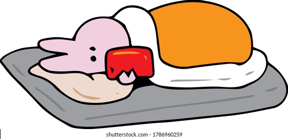 Rabbit looking at the smartphone in the futon