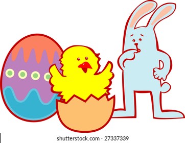 The rabbit looks at a chicken hatching from egg