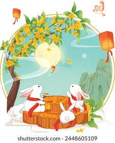 Rabbit looks at the moon and eats mooncakes in Mid-Autumn Festival