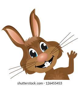 Rabbit looks right and waves a paw