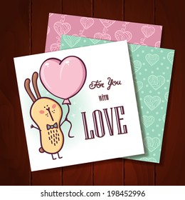 Rabbit love card. Beautiful vector romantic card with adorable friendly rabbit and hearts patterns