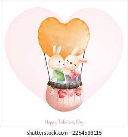 Rabbit in love, Couple Rabbit on love balloon, Watercolor Rabbit Valentine day, Easter Bunny
