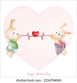 Rabbit in love, Couple Rabbit on love balloon, Watercolor Rabbit Valentine day, Easter Bunny
