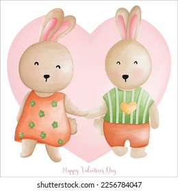 Rabbit in love, hand in hand of Rabbit couple, Watercolor Rabbit Valentine day, Easter Bunny
