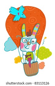 Rabbit in love with the heart flies through the sky in a balloon