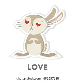 Rabbit in love. Isolated funny cartoon character with love eyes on white background.