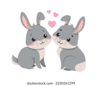 Rabbit in love. Poster or banner for website. Love and romance, happy animal family. Wild life and nature, forest dwellers. Invitation and greeting postcard design. Cartoon flat vector illustration