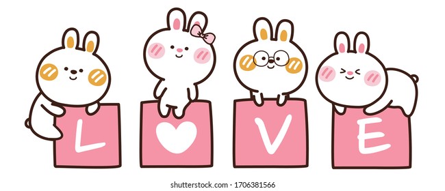 Rabbit with love writing on pink box hand drawn banner.Bunny various poses background.Cute cartoon character design.Animal doodle style.Image for card,poster,kid wear.Kawaii.Heart.Vector.Illustration.