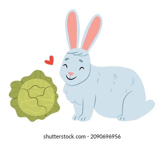 Rabbit loves cabbage. Baby cute illustration. Happy animal