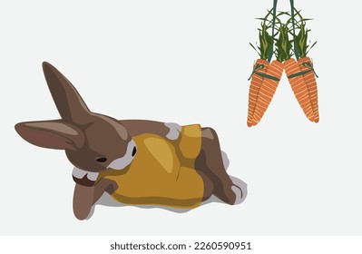 
A rabbit lying on the ground with two carrots hanging next to it